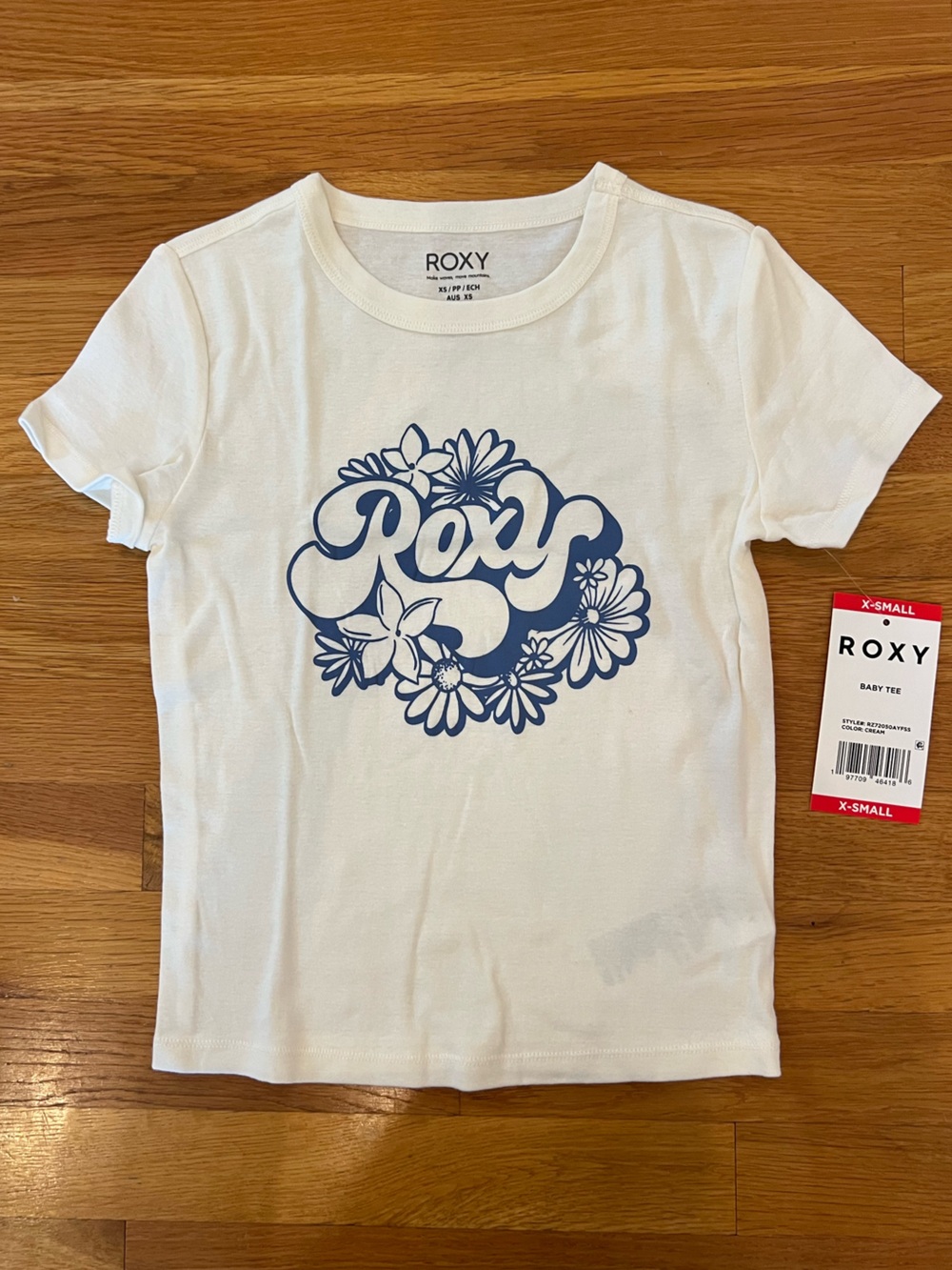 Roxy White Tee with Navy Floral Logo
